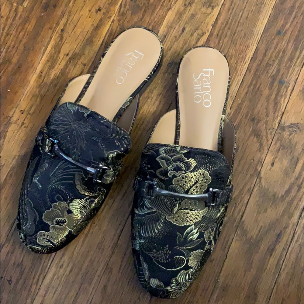 Frank Sarto black/gold print mules/slides, 7.5M